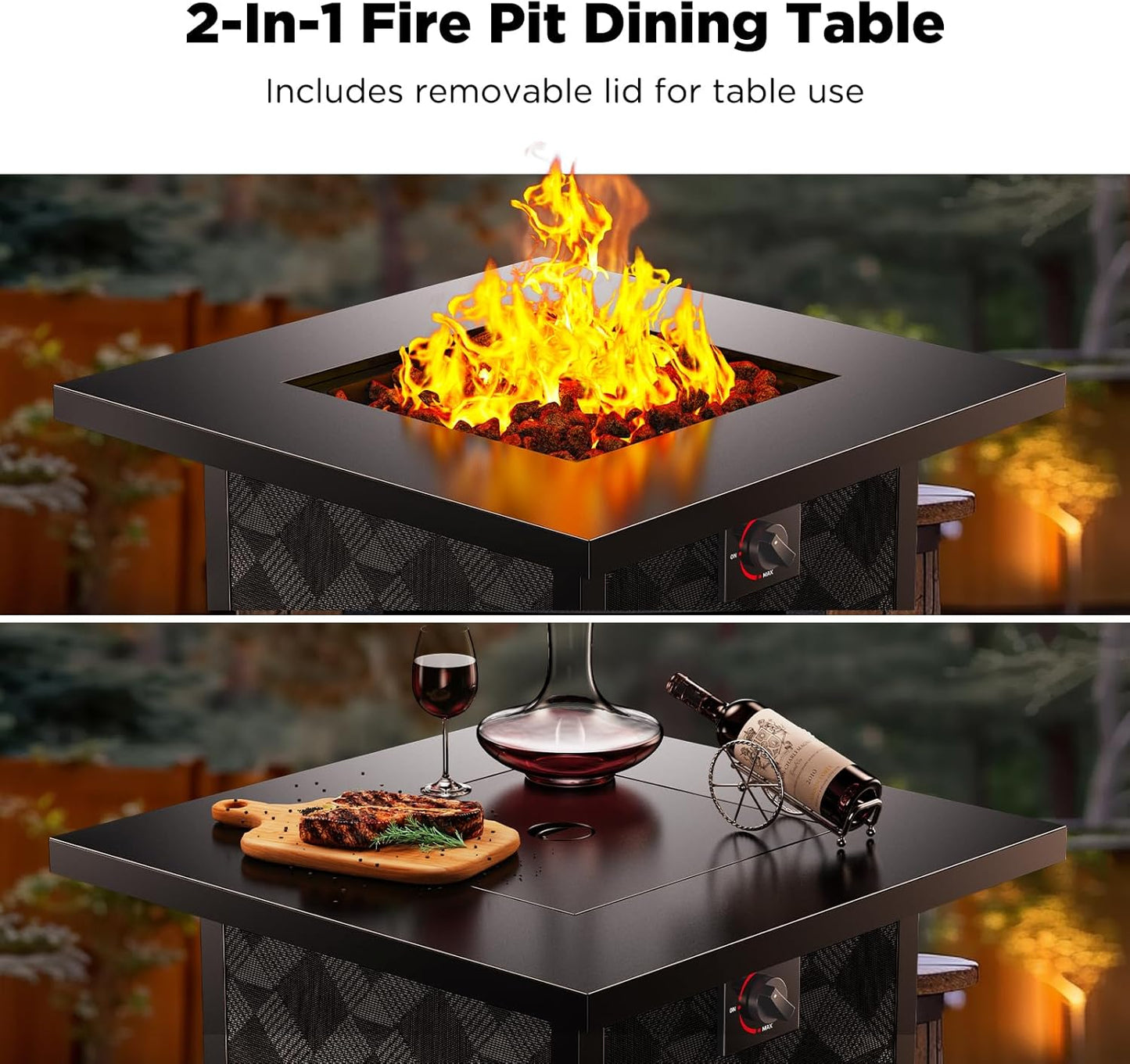 2-in-1 fire pit dining table shown with flames and with lid on, used as a table set with wine and food.