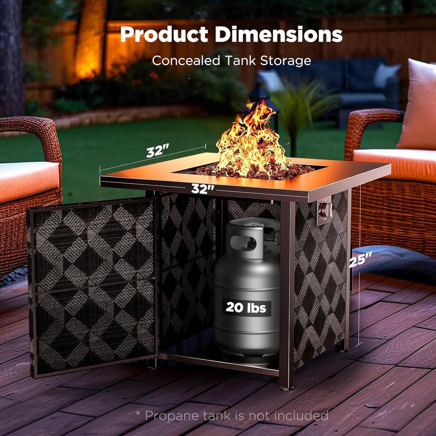 Outdoor fire pit showing dimensions and open cabinet revealing concealed 20 lb propane tank storage, surrounded by patio furniture.
