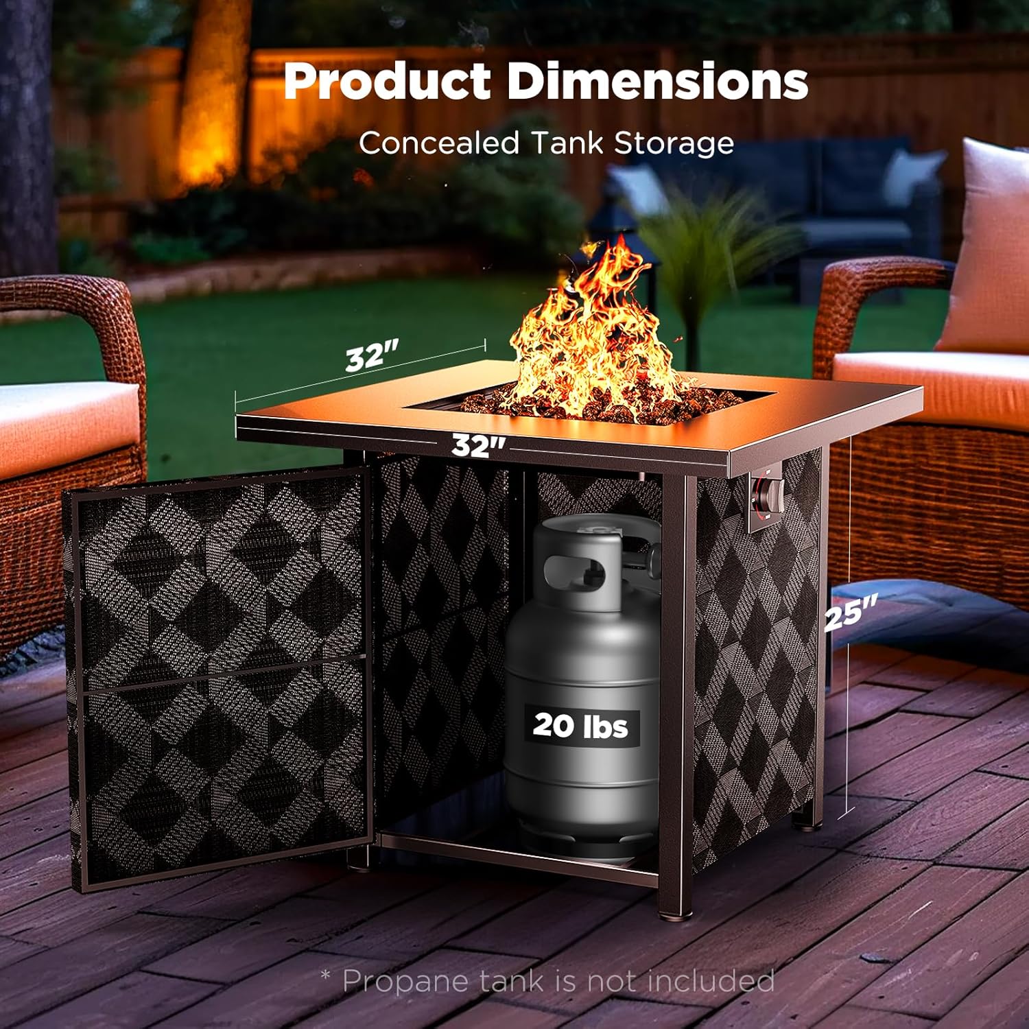 Outdoor fire pit showing dimensions and open cabinet revealing concealed 20 lb propane tank storage, surrounded by patio furniture.