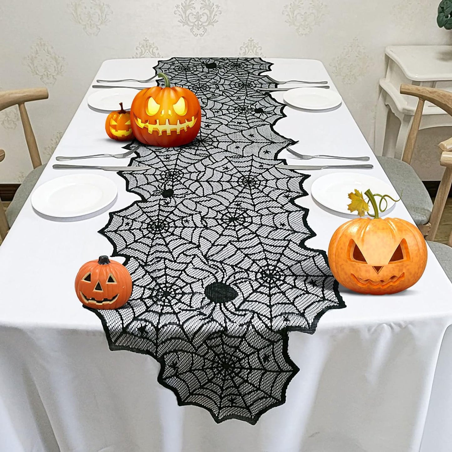 Spider web Halloween table runner.