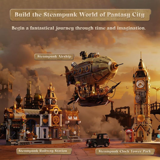 Steampunk-themed cityscape with airship, railway station, and clock tower.