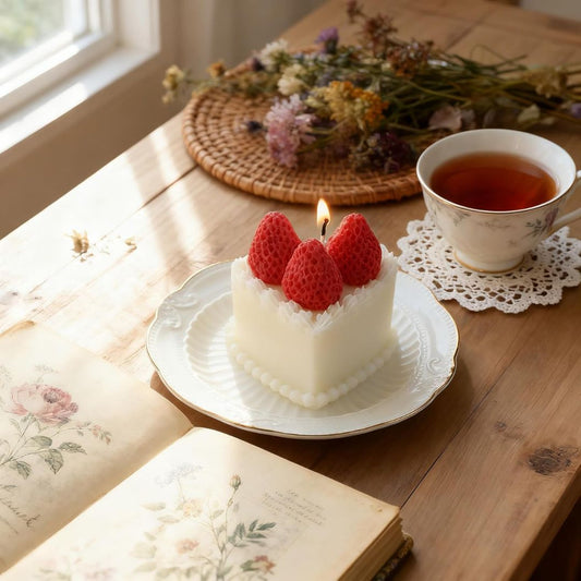 Small white wax cake candle with wax strawberries on a wooden table with a cup of tea and an open book.