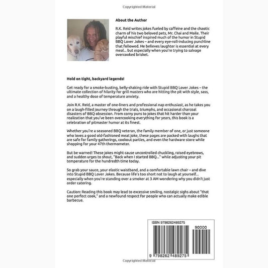 Back cover of 'Stupid BBQ Lovers Jokes' with cartoon characters and text on a white background