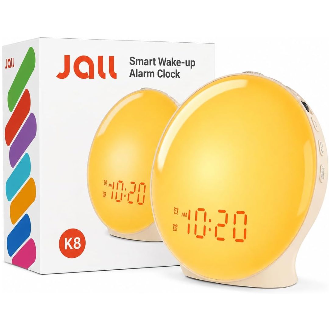 Jall K8 Smart Wake-up Alarm Clock shown with its retail box. The clock features a rounded, egg-shaped body with a glowing warm yellow face and a digital LED display showing '10:20'.