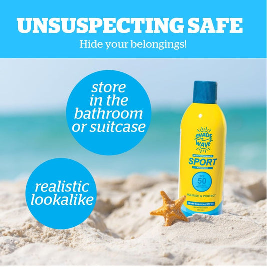 Sunscreen bottle on sand with ocean view, labeled 'Unsuspecting Safe' and 'Realistic Lookalike'.