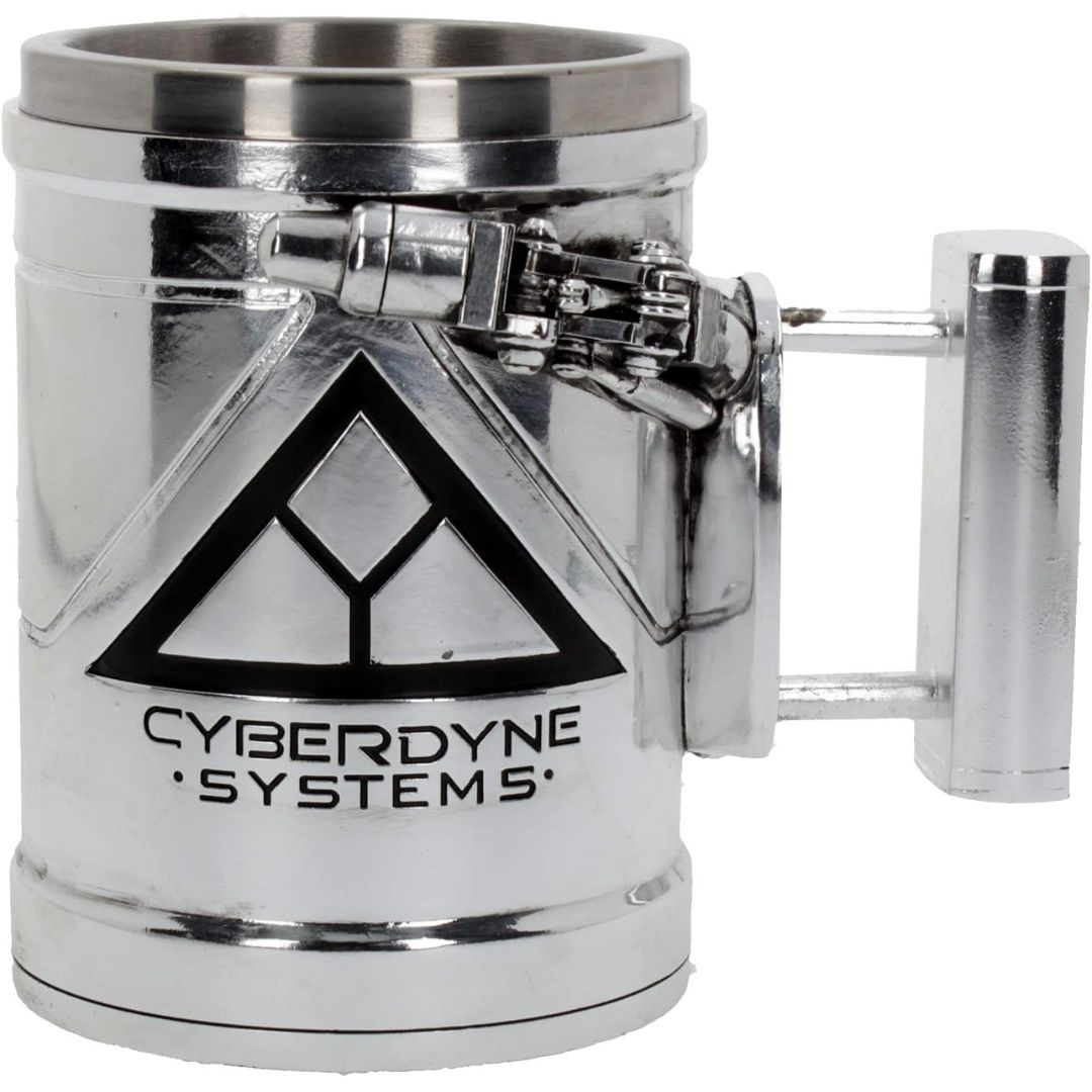 Terminator T-800 tankard mug with text reading Cyberdyne Systems' on a white background