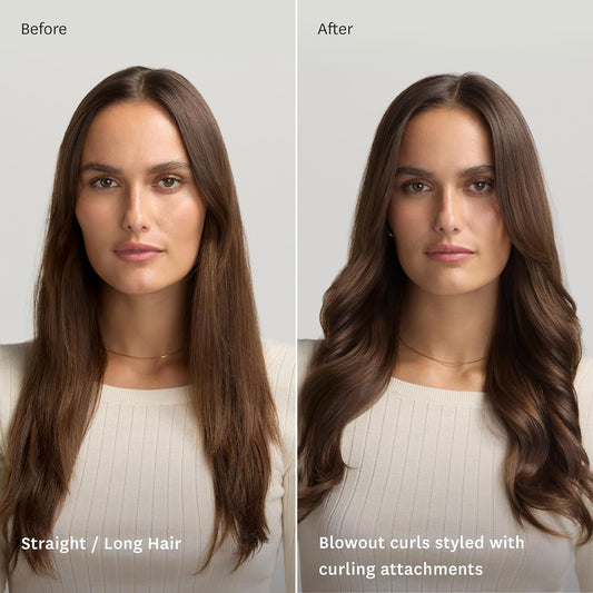A side-by-side comparison of a womanβs hair before and after styling. On the left, her long, straight hair appears natural and smooth. On the right, after using curling attachments, her hair has voluminous, soft blowout curls. The transformation highlights the effectiveness of the styling tool in creating defined waves while maintaining a natural, glossy finish. The text on the image labels the left side as "Straight / Long Hair" and the right side as "Blowout curls styled with curling attachments.