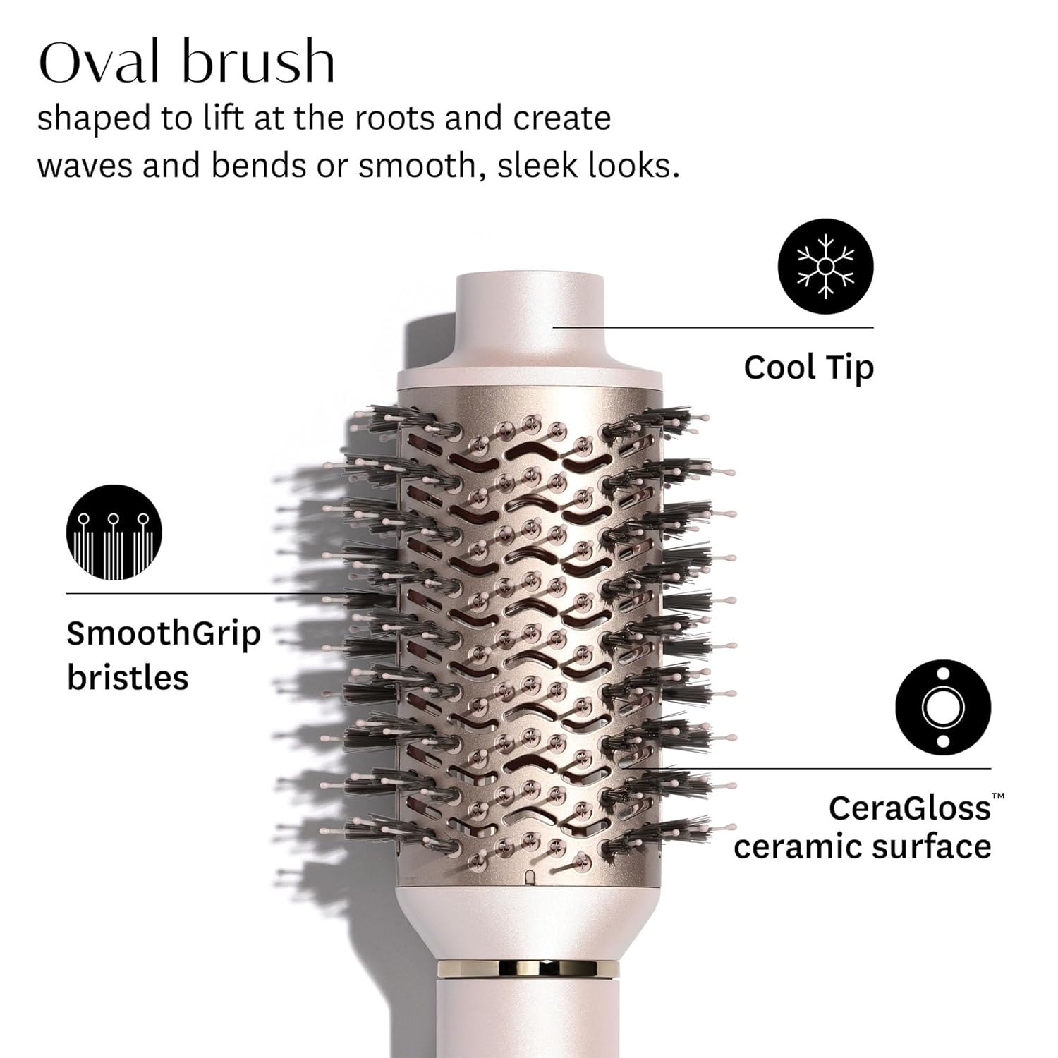 Close-up of the T3 Aire 360 oval brush attachment, featuring a cool tip, SmoothGrip bristles, and CeraGloss™ ceramic surface.