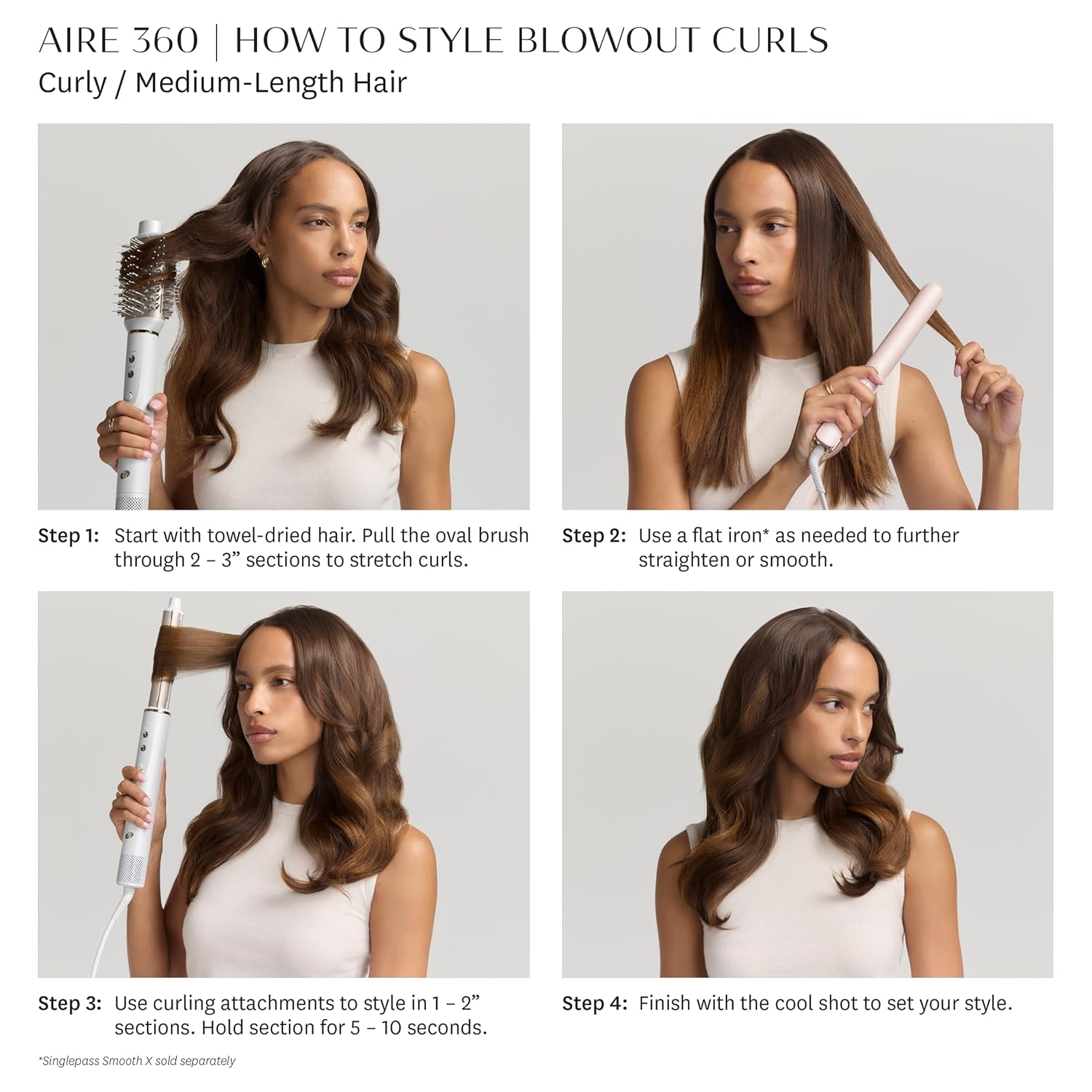Step-by-step guide to styling blowout curls for curly, medium-length hair using the T3 Aire 360, brush, flat iron, and curling tools.