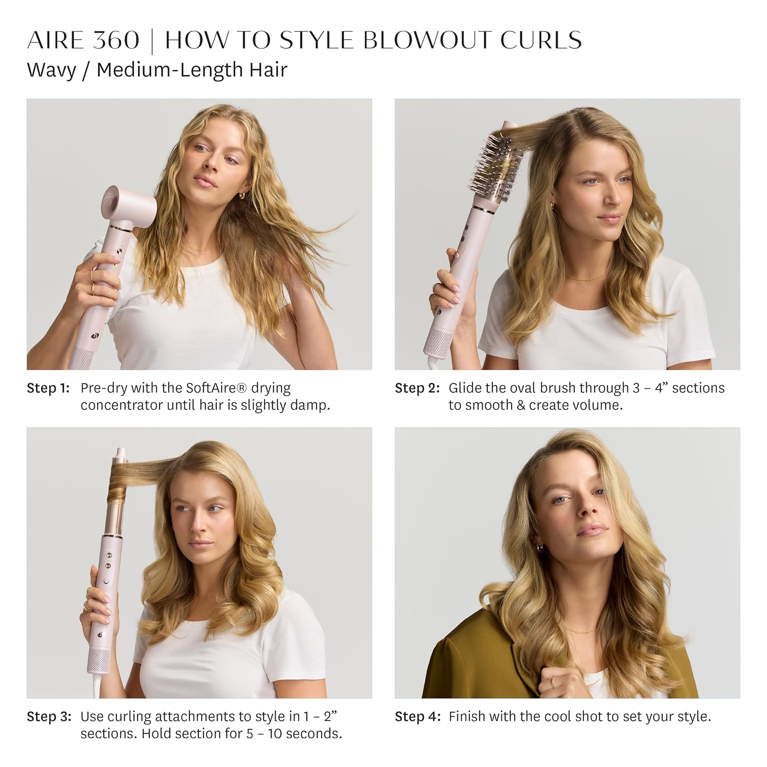 Step-by-step guide to styling blowout curls for wavy, medium-length hair using the T3 Aire 360, brush, and curling tools.