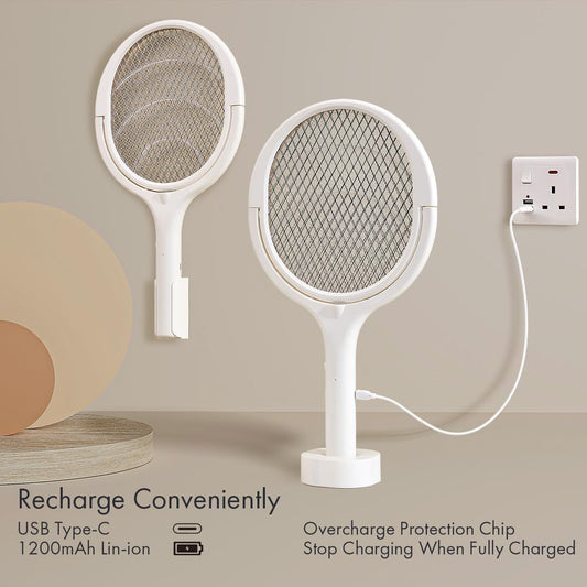 Rechargeable electric fly swatter racket with USB-C charging, wall mount and overcharge protection