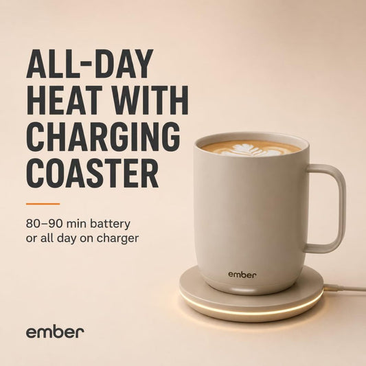 White mug with coffee on a charging coaster with text about 'All-day heat with charging coaster' and 'Ember' branding.