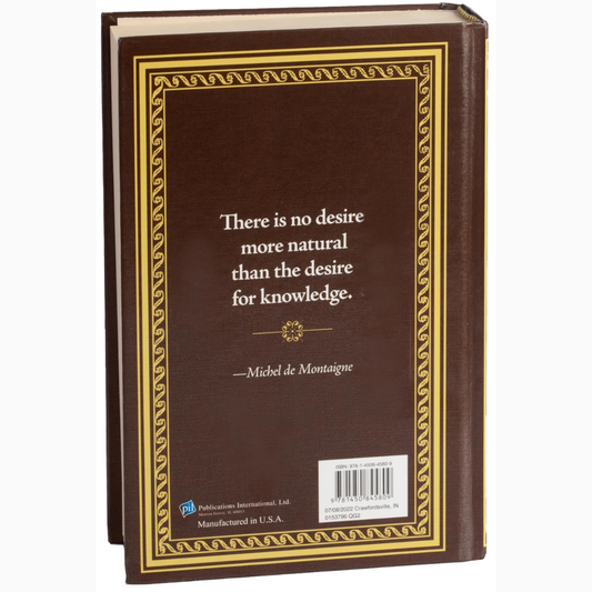 Decorative book with a quote by Michel de Montaigne on a white background