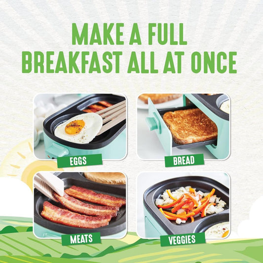 Multifunctional breakfast maker with compartments for eggs, bread, meats, and veggies on a white background.