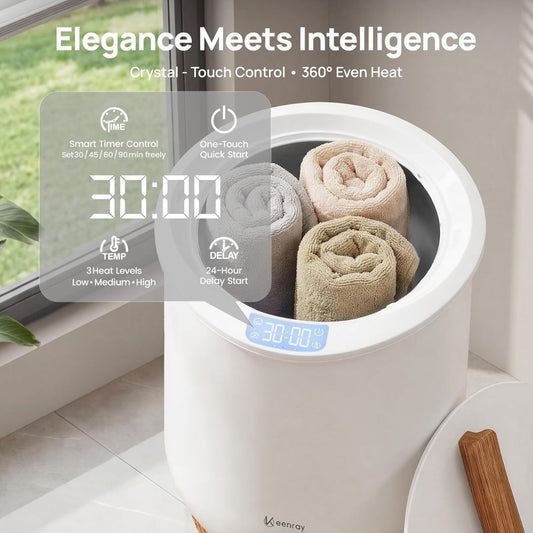 A bathroom towel warmer with three rolled up towels inside with text that reads 'Elegance meets intelligence'