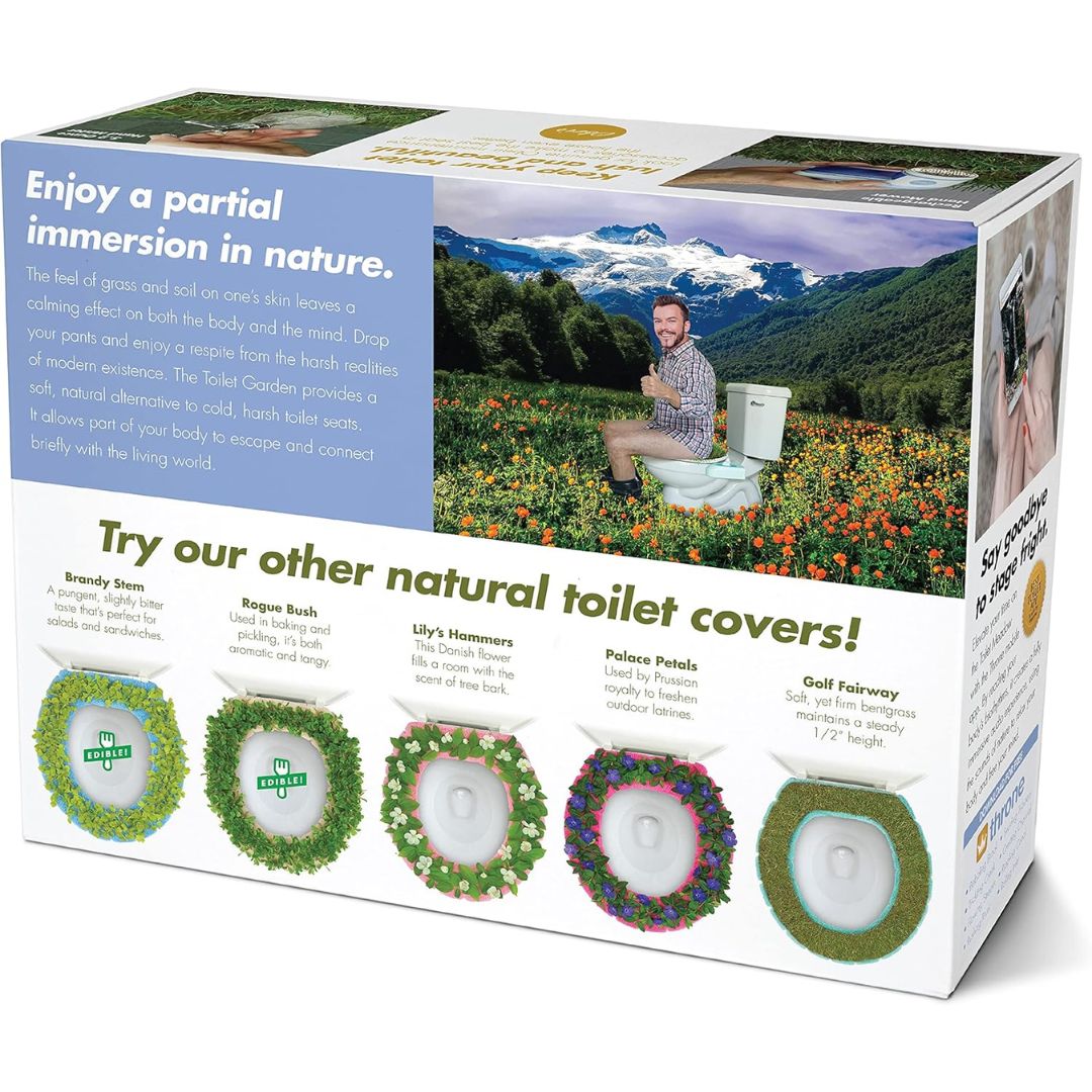 Back of a prank joke box of a Toilet Meadow organic seat cover with scenic and product images on a white background
