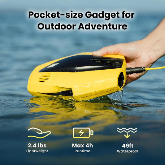 Compact yellow underwater camera drone being placed in the water for outdoor exploration