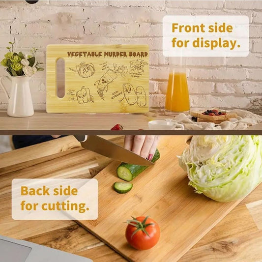 Double-sided vegetable murder chopping board with decorative front and plain bamboo reverse side for cutting