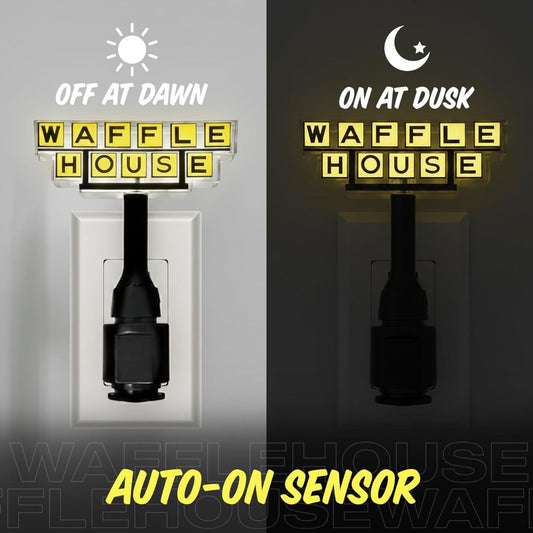 Waffle House night light switch with 'Off at Dawn' and 'On at Dusk' text, auto-on sensor feature.