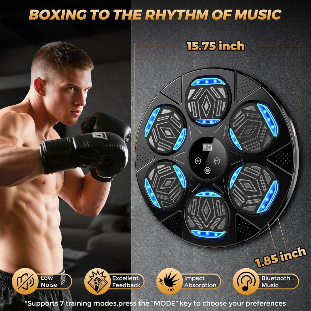 A man is wearing a pair of boxing gloves next to a wall mounted music boxing pad with text that says 'boxing to the rhymth of music'