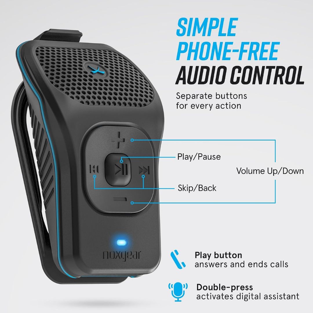 Black wearable magnetic bluetooth device with buttons labeled for phone-free audio control on a gray background.