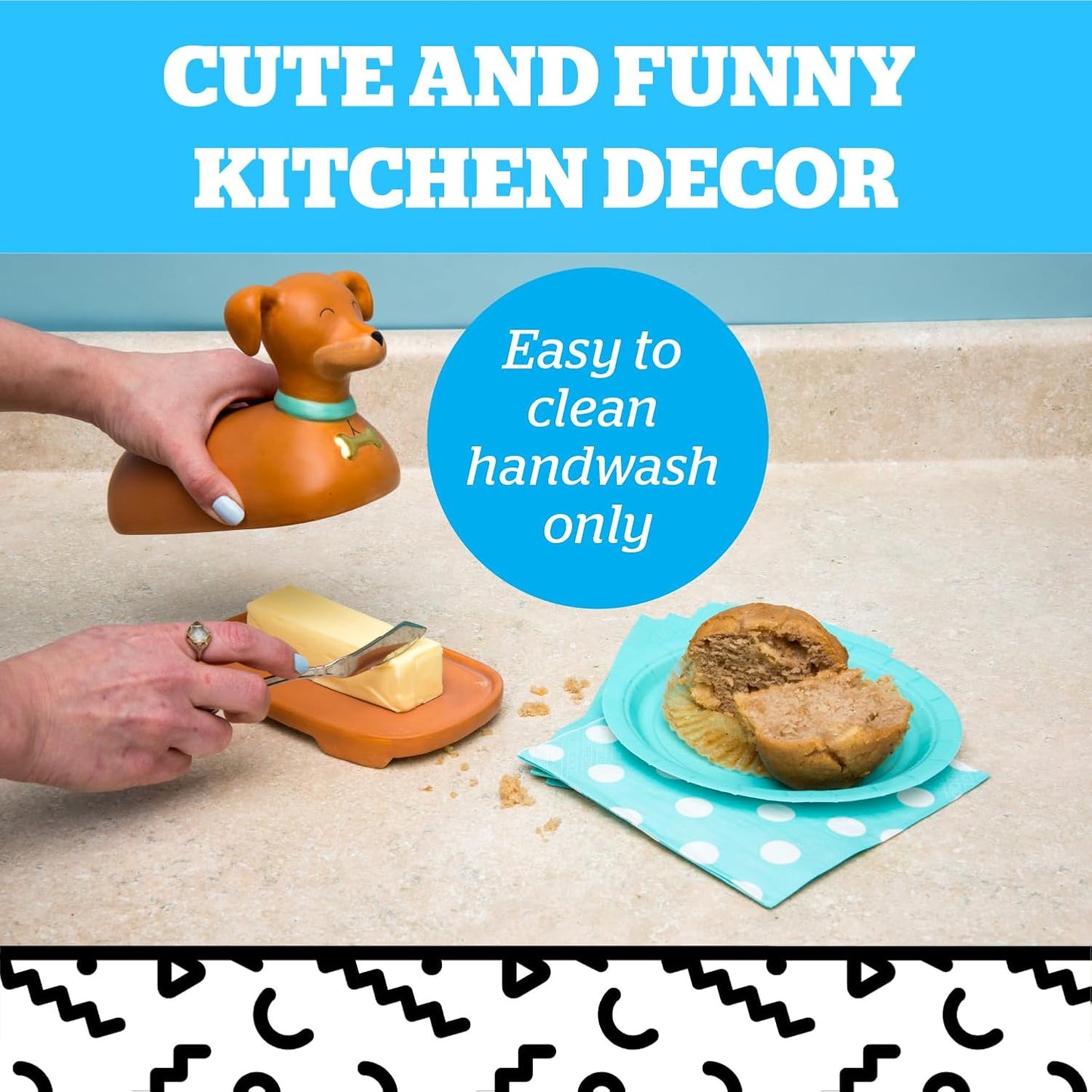 A dachshund-shaped butter dish on a kitchen counter. A person spreads butter on a muffin. Text highlights it as "cute, funny kitchen decor" and "handwash only.