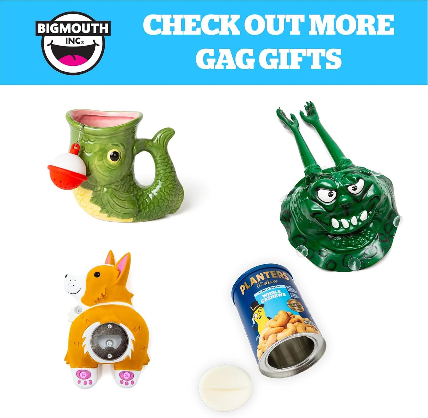 Four various novelty gift ideas from BigMouth Inc with a caption reading, "Check out more gag gifts."