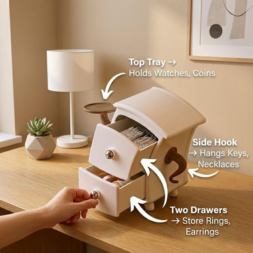 Cream-colored jewelry organizer on a wooden desk with a hand pulling out a drawer. White text labels point out features: top tray for watches and coins, side hook for keys and necklaces, and two drawers for rings and earrings.