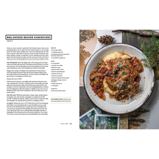 A printed recipe spread featuring the text 'BBQ Smoked Beaver Sandwiches' with ingredients and preparation instructions on the left, and a plated sandwich on a rustic table on the right.
