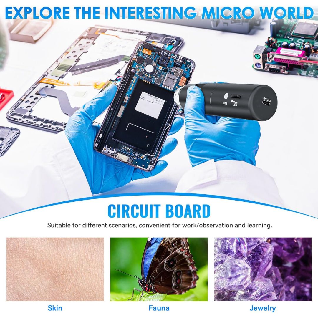 An educational circuit board showing a black handheld digital magnifier focused on a smartphone's internal circuit board, held by hands in blue gloves. The top of the image features the text 'EXPLORE THE INTERESTING MICRO WORLD' and the bottom features a section titled 'CIRCUIT BOARD' with three sample images of skin, a butterfly, and purple crystals.