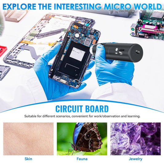 An educational circuit board showing a black handheld digital magnifier focused on a smartphone's internal circuit board, held by hands in blue gloves. The top of the image features the text 'EXPLORE THE INTERESTING MICRO WORLD' and the bottom features a section titled 'CIRCUIT BOARD' with three sample images of skin, a butterfly, and purple crystals.