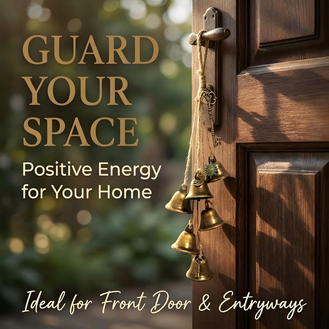 A set of witch front door bells hanging from a wooden front door handle, with text overlays reading 'GUARD YOUR SPACE', 'Positive Energy for Your Home', and 'Ideal for Front Door & Entryways'.