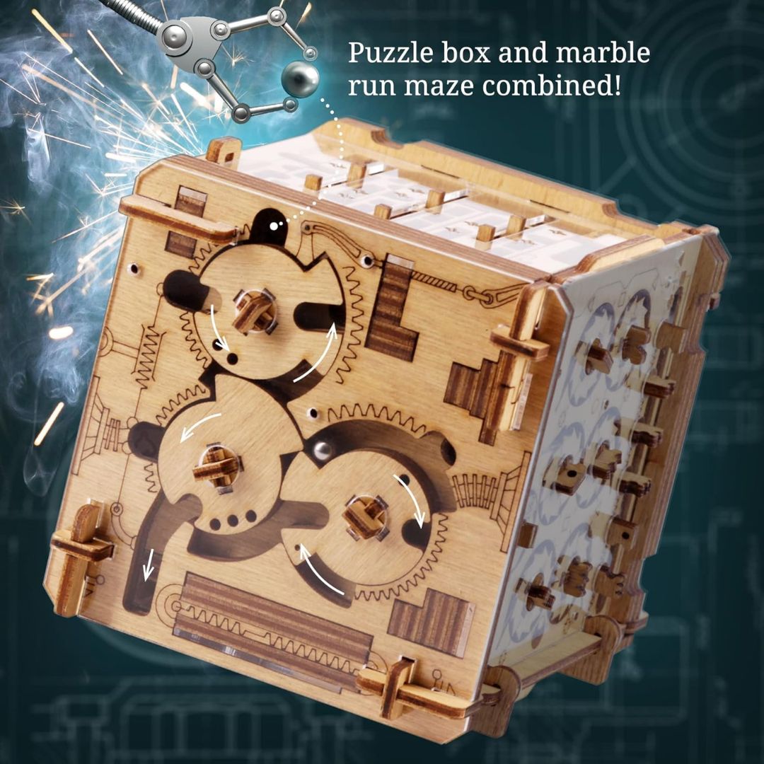 Wooden escape room puzzle box with marble run maze and rotating gear challenges