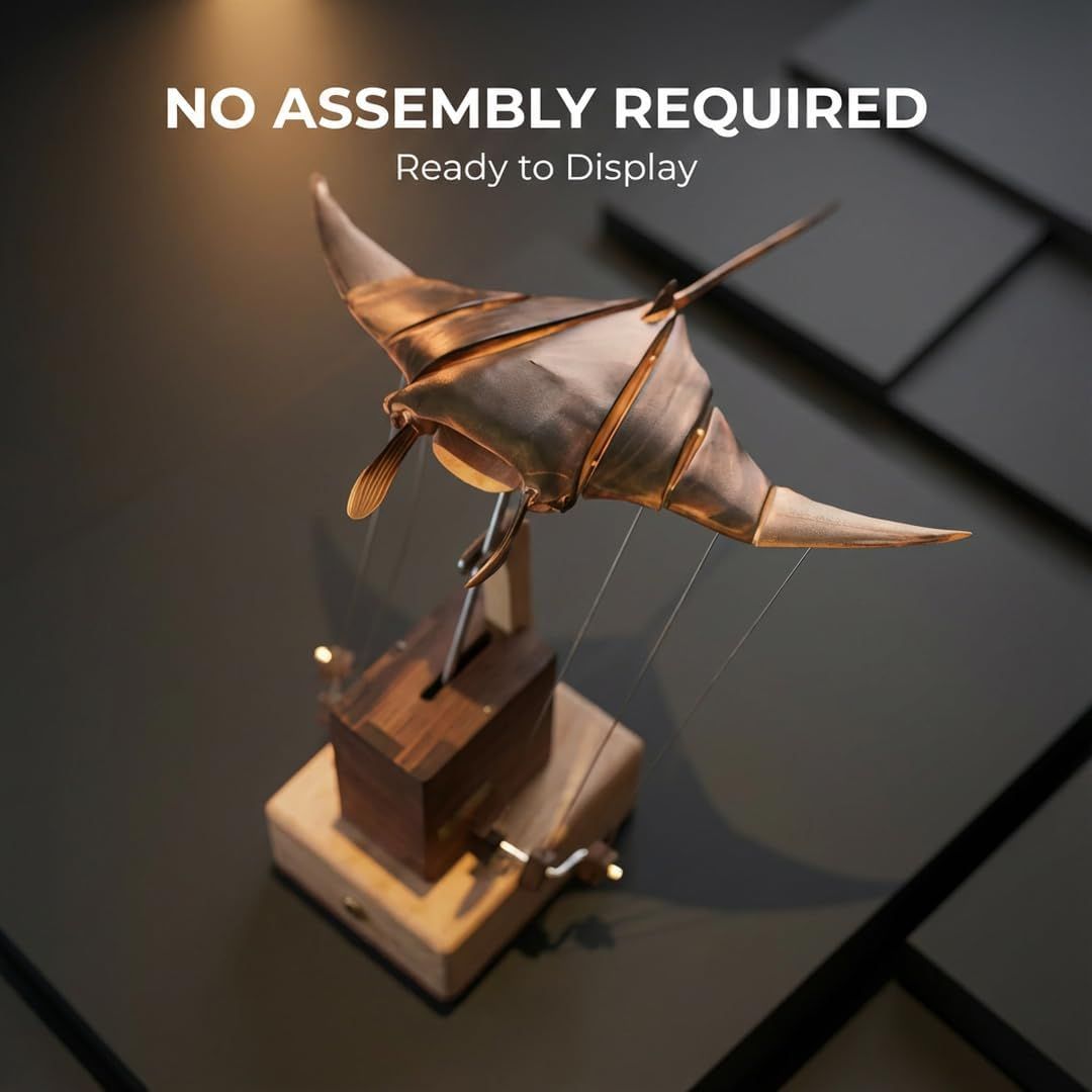 Decorative manta ray sculpture on a wooden base with 'No Assembly Required' text.