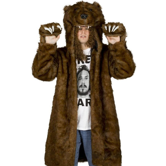 Long brown faux fur bear coat costume with oversized bear head hood, paw gloves and claw details