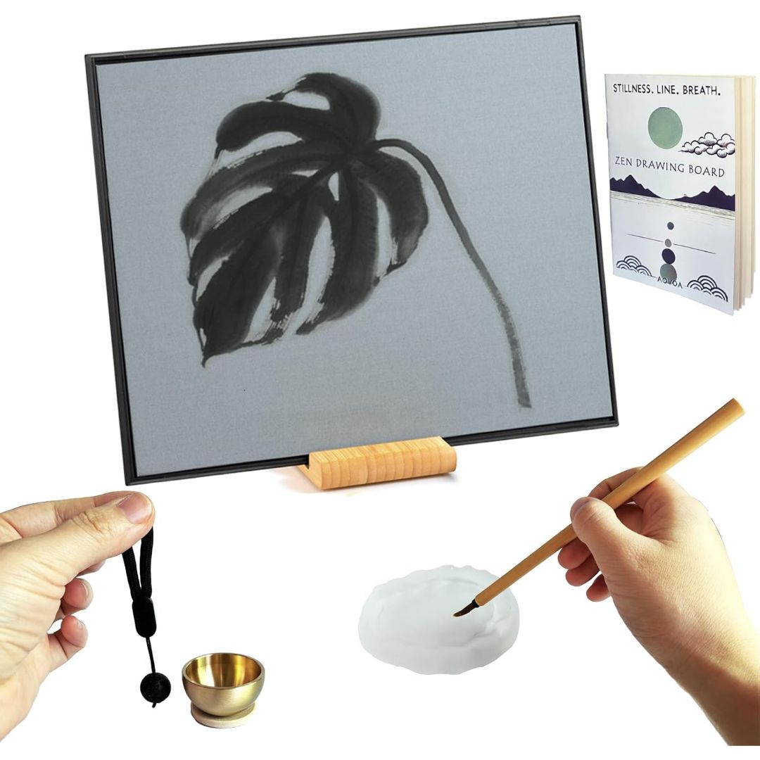Zen water drawing board set with brush, water dish, mini singing bowl and meditation instruction booklet