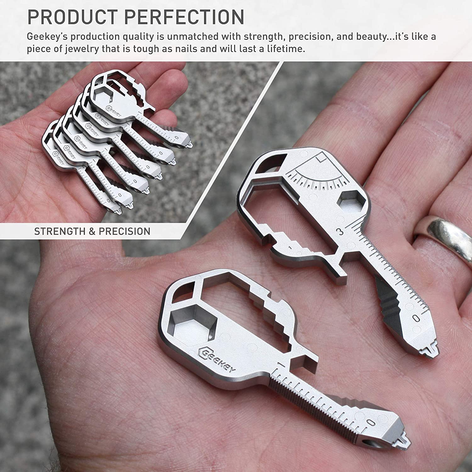 Several 16-in-1 multi tools are resting in the palm of a hand. The text reads, 'Geekey's production quality is unmatched with strength, precision and beauty... Its like a piece of jewelry that is tough as mails and will last a lifetime.'