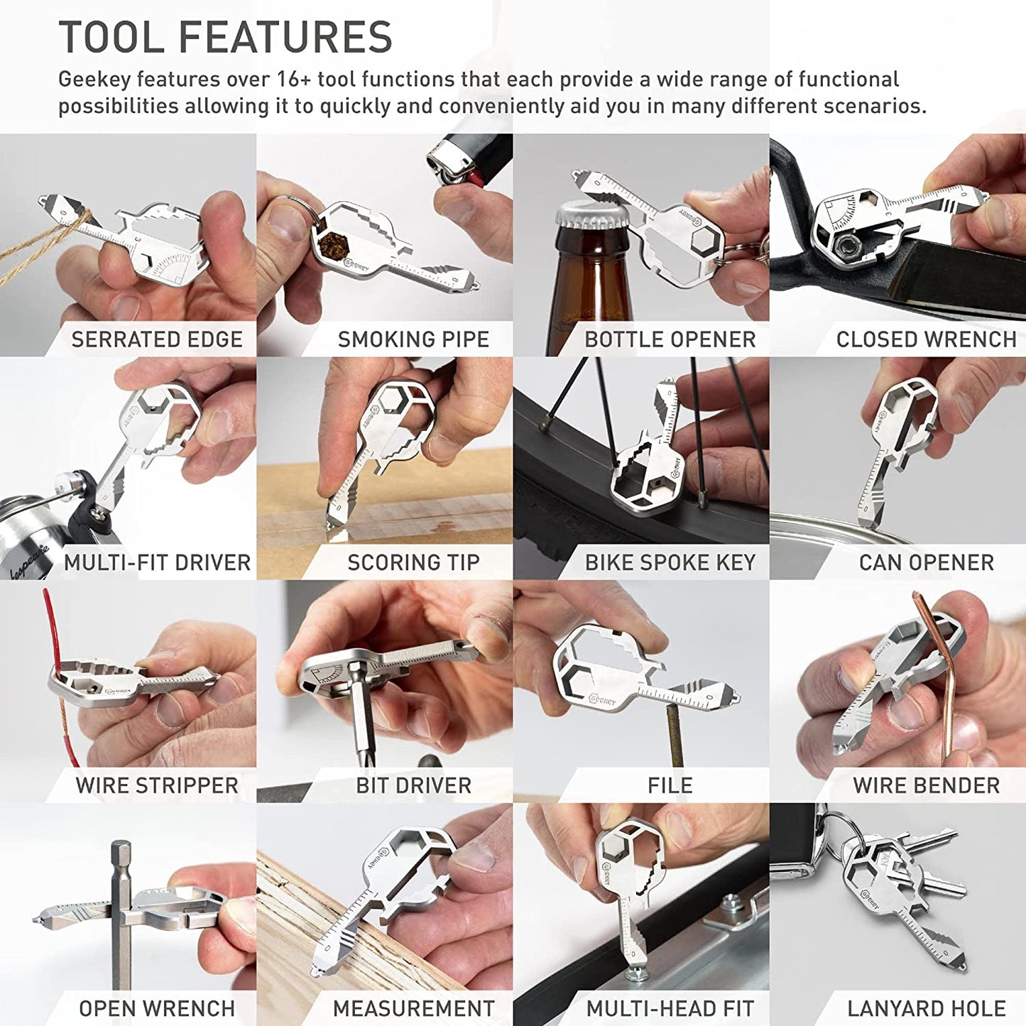 A collage of 16 images. The images show all the various different tools that the 16-in-1 multi tool has available.