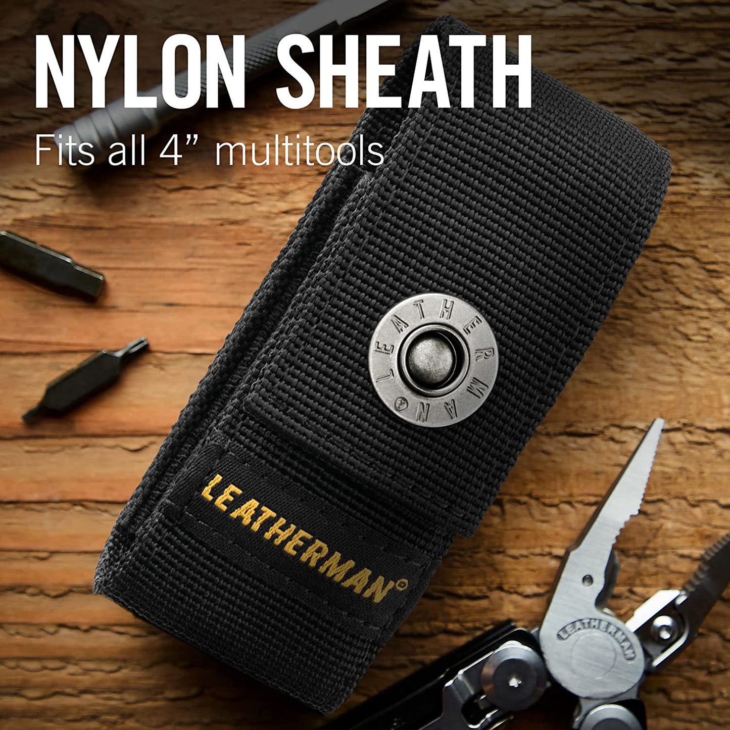 A nylon sheath which is used to house the 18-in-1 pocket multitool. The text says, 'Nylon sheath. Fits all 4 inch multitools.'