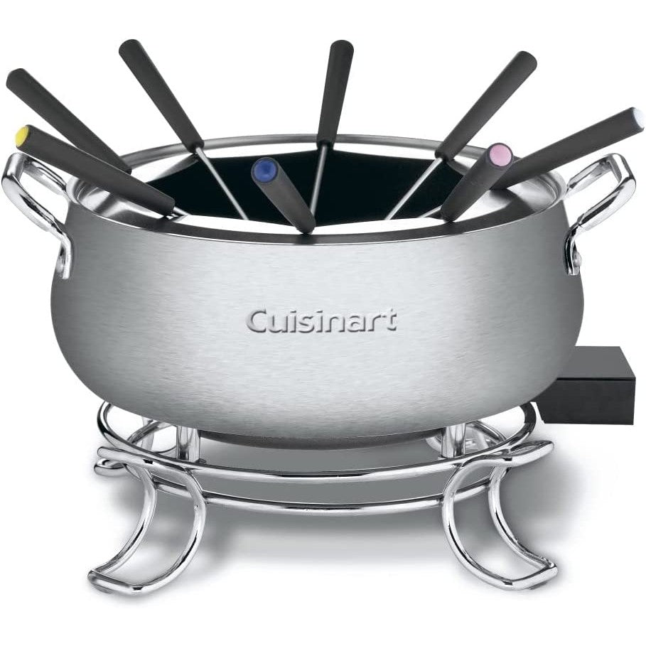 A Cuisinart 3 quart silver electric fondue set with 8 fondue forks.