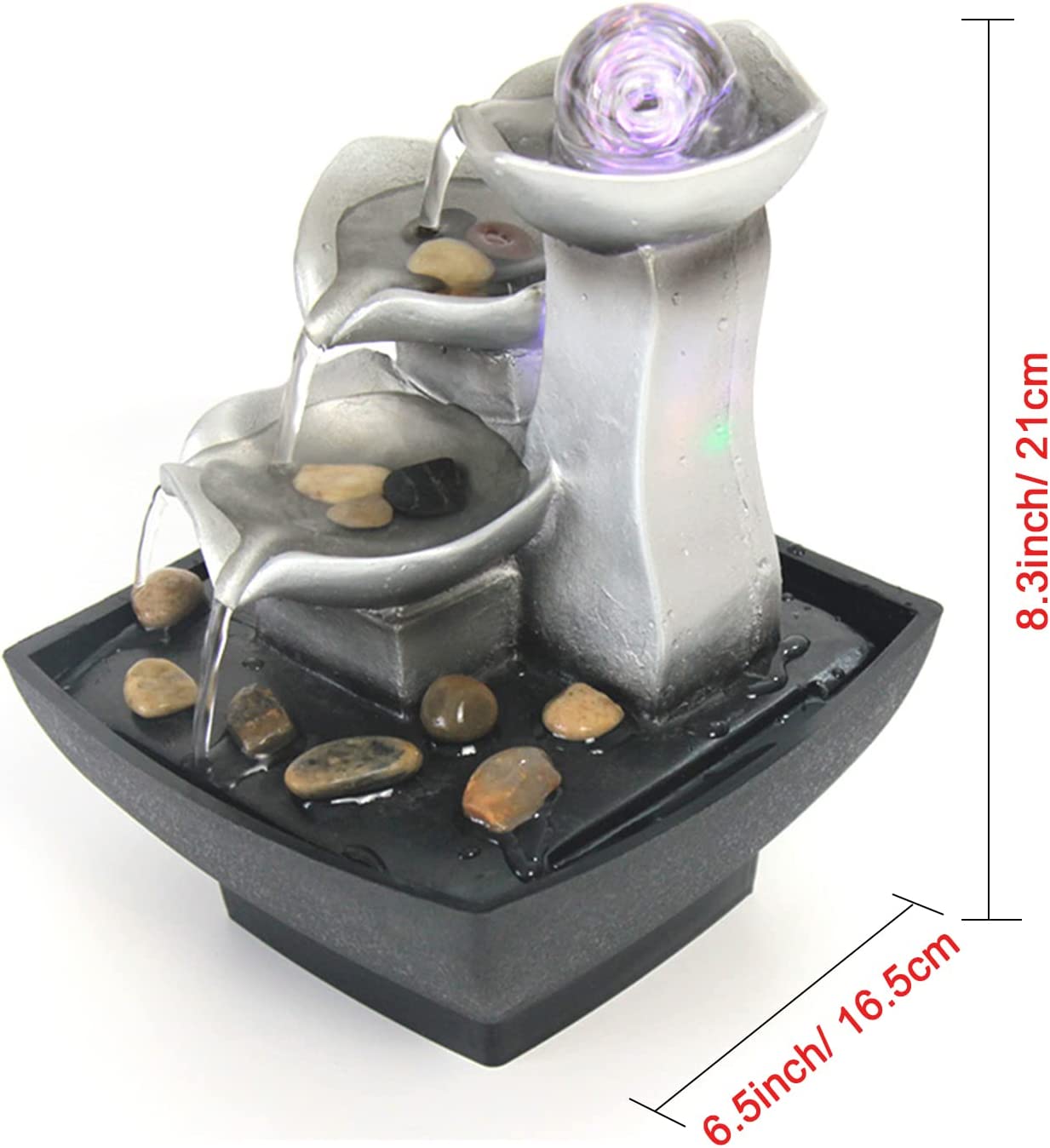 Size measurements for a 3-tier water fountain. The measurements are; 16.5cm wide and 21cm in height.