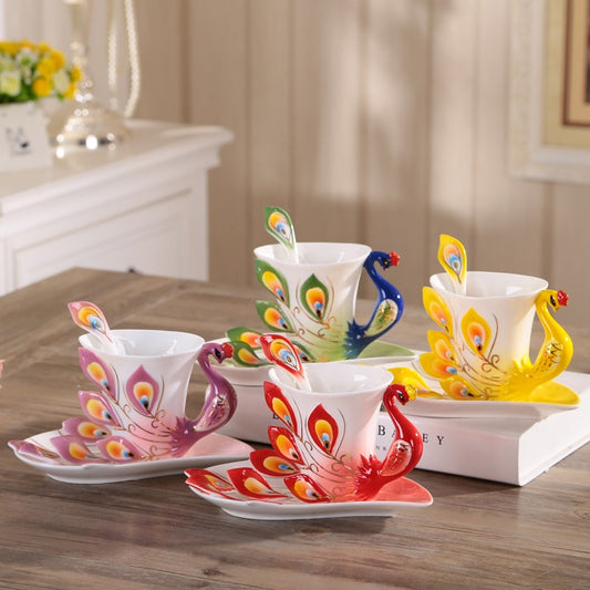 3D Peacock Tea or Coffee Cup with Saucer and Spoon