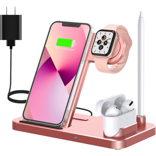 A pink colored wireless charging station for Apple devices. On the stand is an iPhone, Apple watch, Apple pencil and AirPods. 