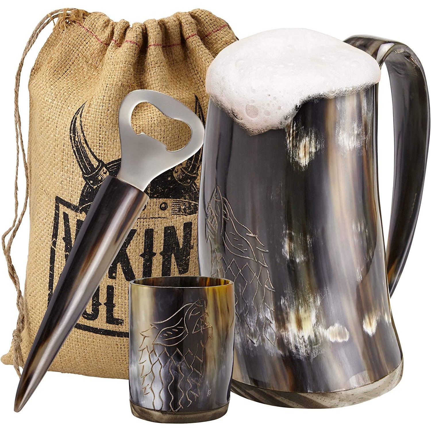A 3-piece Viking beer mug set which includes a genuine ox horn mug, shot glass and bottle opener.