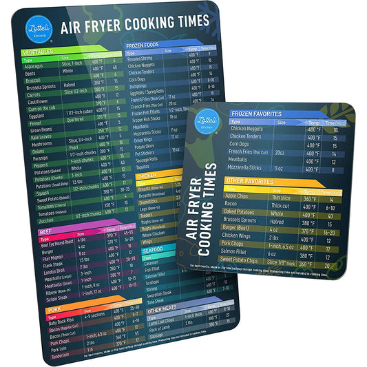 Two air fryer cheat sheets, one large and one small. The cheat sheets show a number of popular food items that can be cooked in the air fryer and the best temperature and times to cook them for.