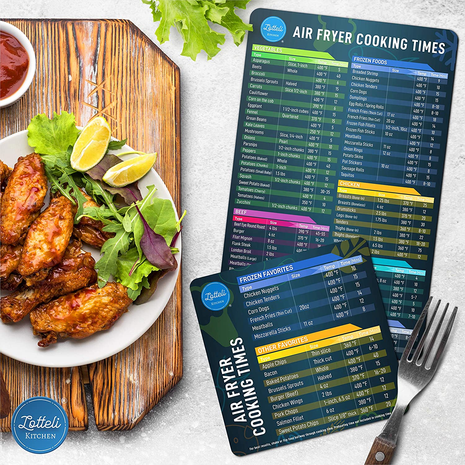 A large and small air fryer cheat sheet showing different times and temperatures to cook various different meals.