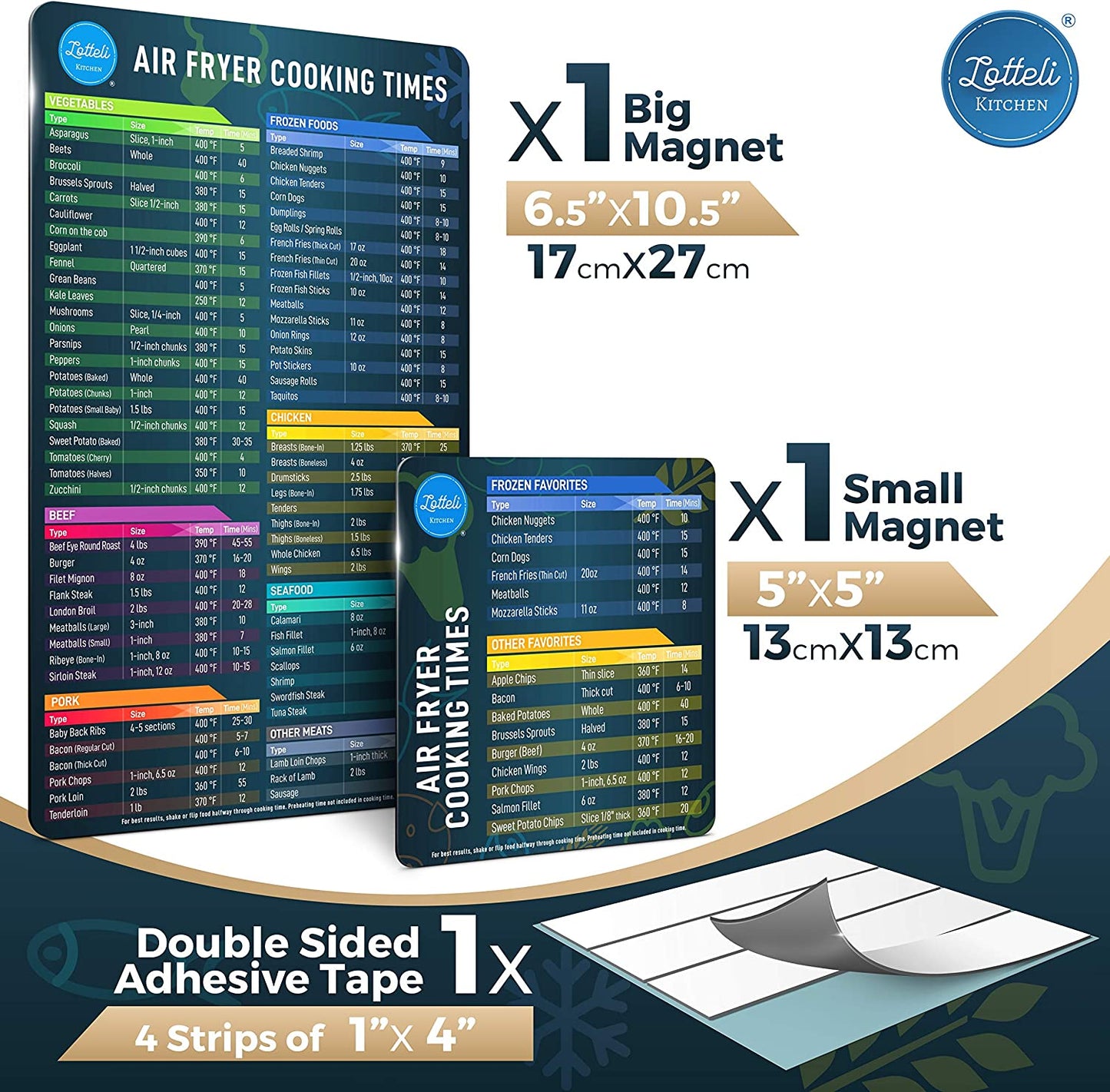Size measurements for the large and small air fryer cheat sheets. The large cheat sheet is 17cm x 27cm. The small cheat sheet is 13cm x 13cm.