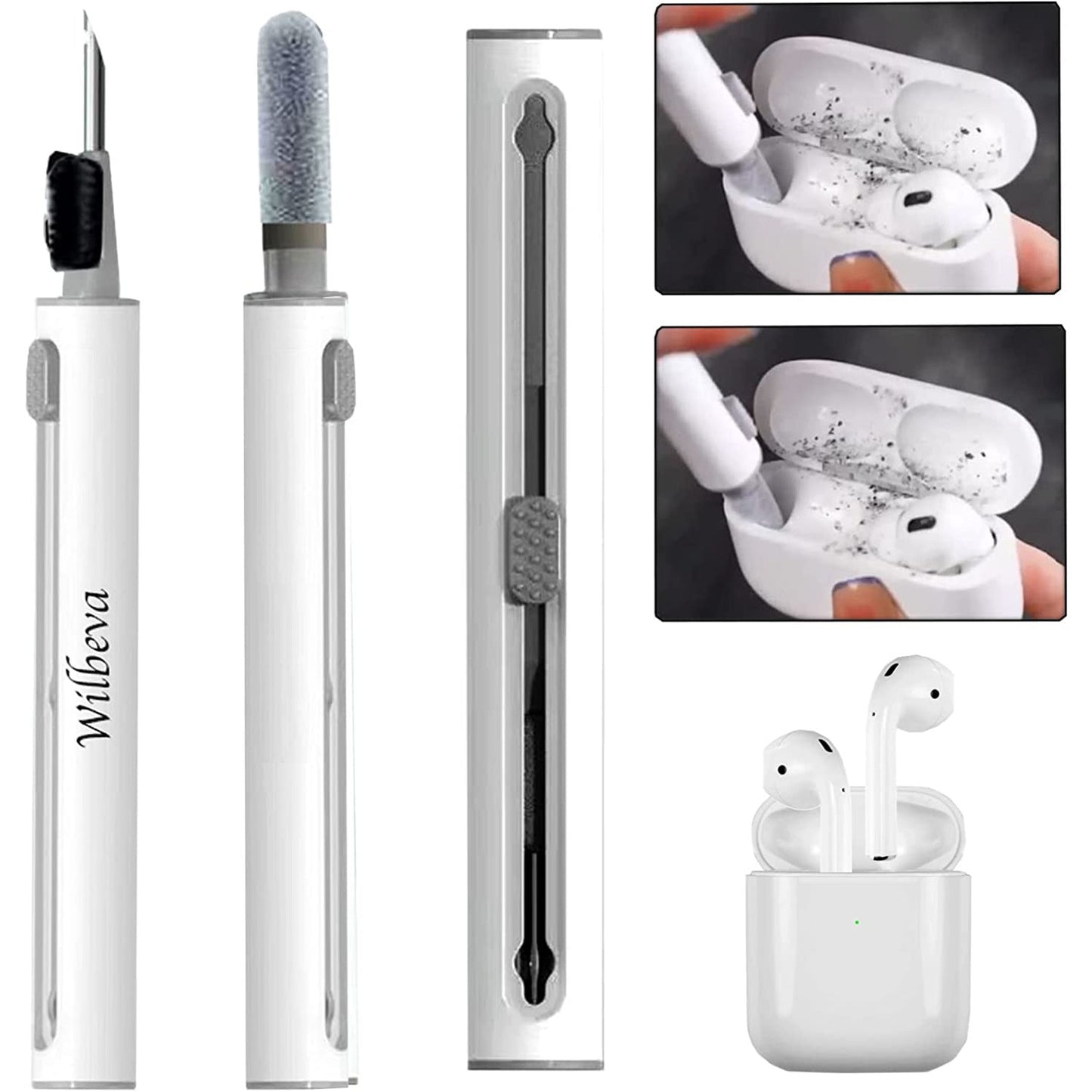 A collage of three images. There is an AirPod cleaning pen along with a dirty pair and a clean pair of AirPods.