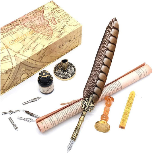 An antique quill pen set which includes 1 feather quill dip pen, 1 bottle with black ink, 1 pen holder, 5 nibs,1 seal stamp and 1 x wax