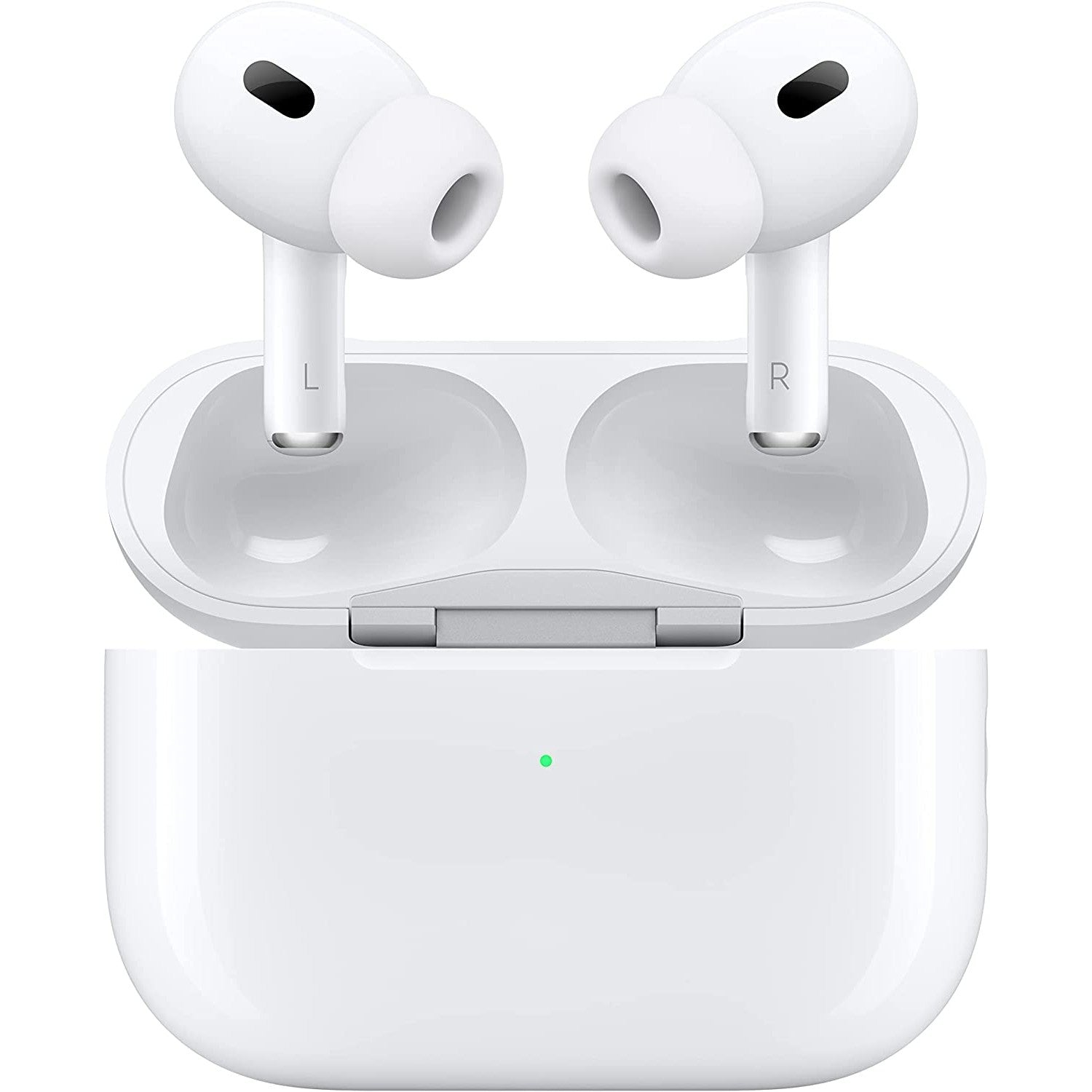 A pair of white Apple AirPods with a charging case.